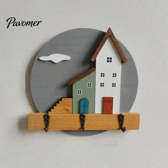 Wall Mounted Key Holder Nordic Wooden Cottage Holder, House Shaped Storage Rack with 3 Decorative Hooks for Metal Hook, Sturdy Organizer Entryway