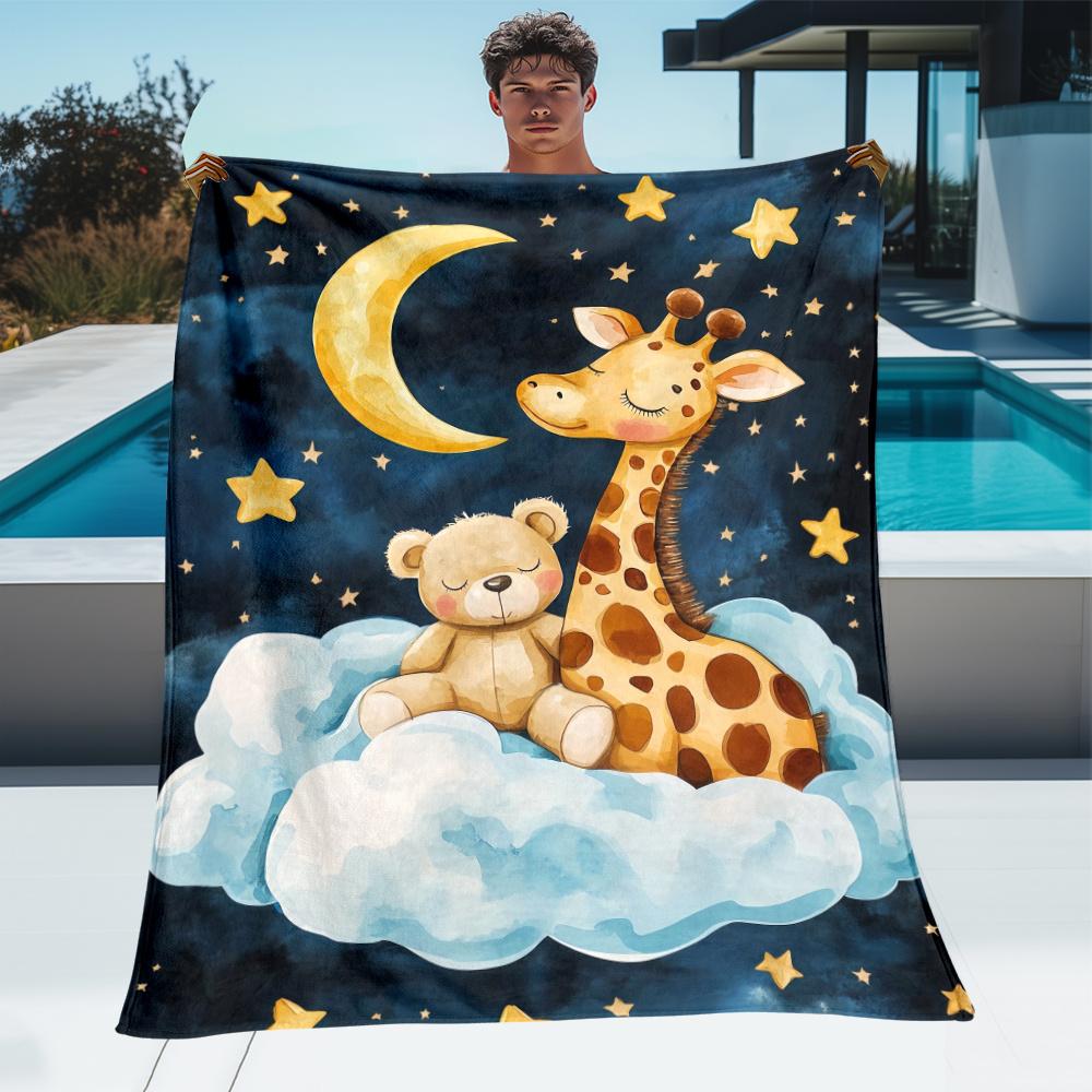 

1pc Sweet giraffe and teddy bear on cloud moon stars night sky soft flannel blanket throw blanket baby nursery bedding gift 75x100cm (30x40inch)