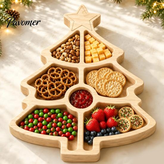 Solid Wood Fruit Bowls Wooden Christmas Divided Tray, Gingerbread Man Santa Xmas Tree Compartment Snack Rustic Kitchen Table Decor Platter,