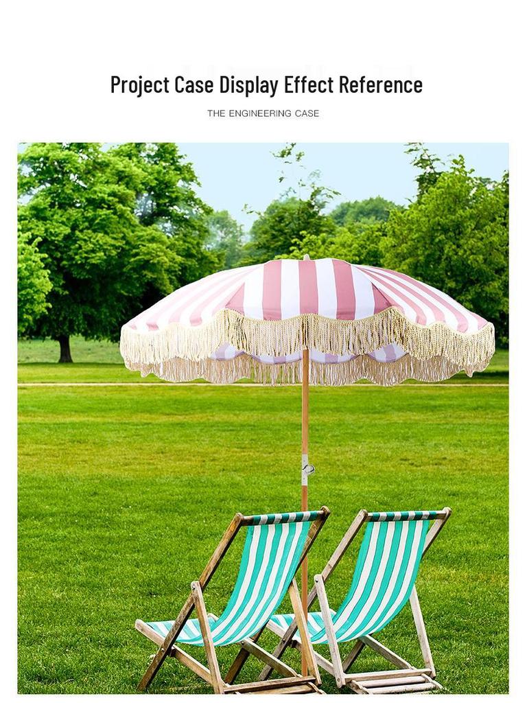 European Style Rotatable Patio Umbrella with Tassel Edge - Wooden Pole and Sunshade for Garden, Beach, Pool, and Terrace