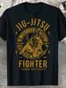 Men's Brazilian Jiu-Jitsu Graphic T-Shirt - 100% Cotton Casual Tee with "JIU-JITSU" & "FIGHTER" Print, Regular Fit Round Neck, All