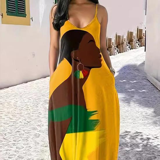Sommer Damen Trägerkleid Retro Kontrastfarbe Bedruckt Übergroß V-Ausschnitt Ärmellos Rückenfrei Bohemian Stil A-Linie Knöchellang Urlaub Maxikleid