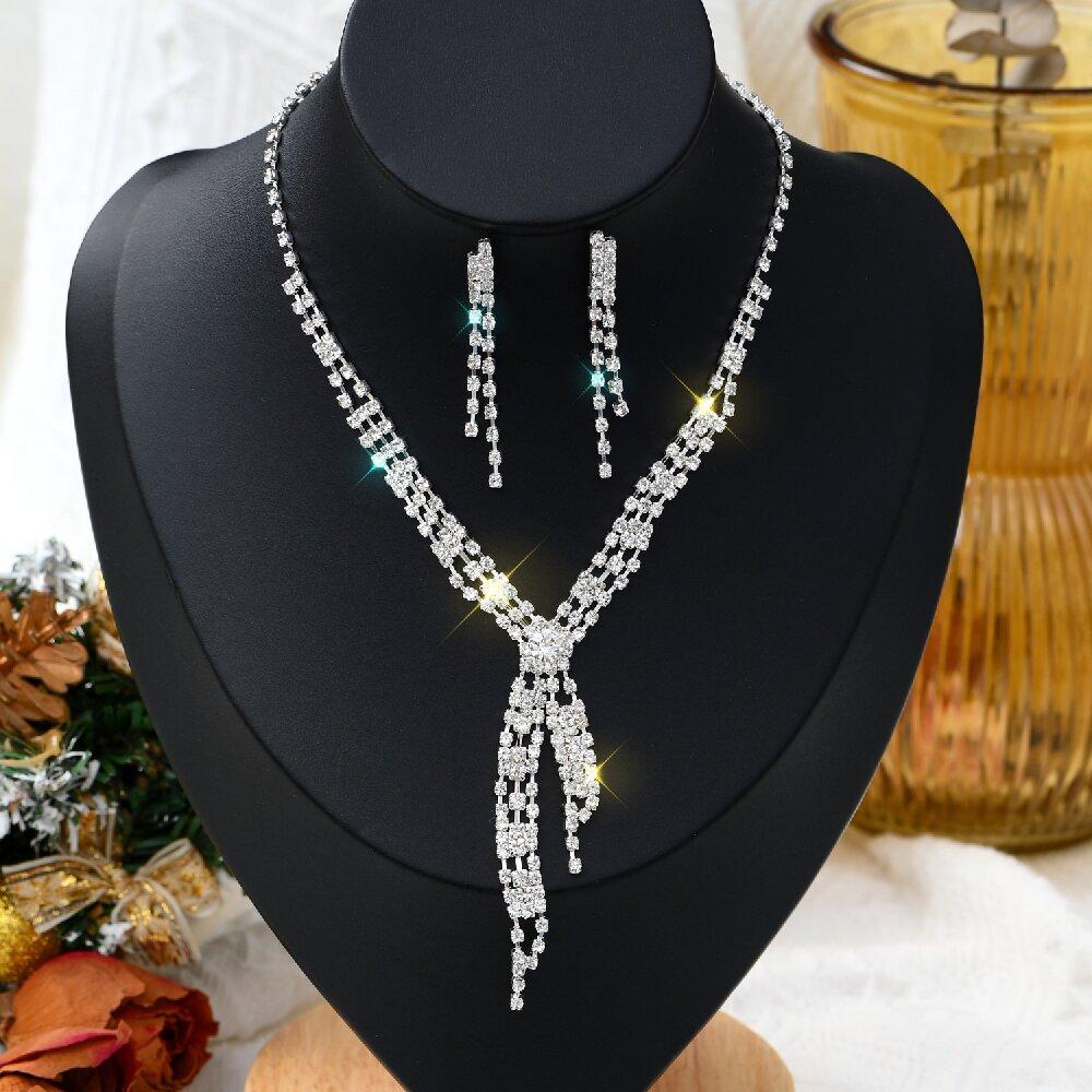 3PC Women's Fashion Copper Inlaid Claw Chain Hollow Tassel Necklace Earrings Zircon Set Wedding Banquet Party Holiday Gift-8133