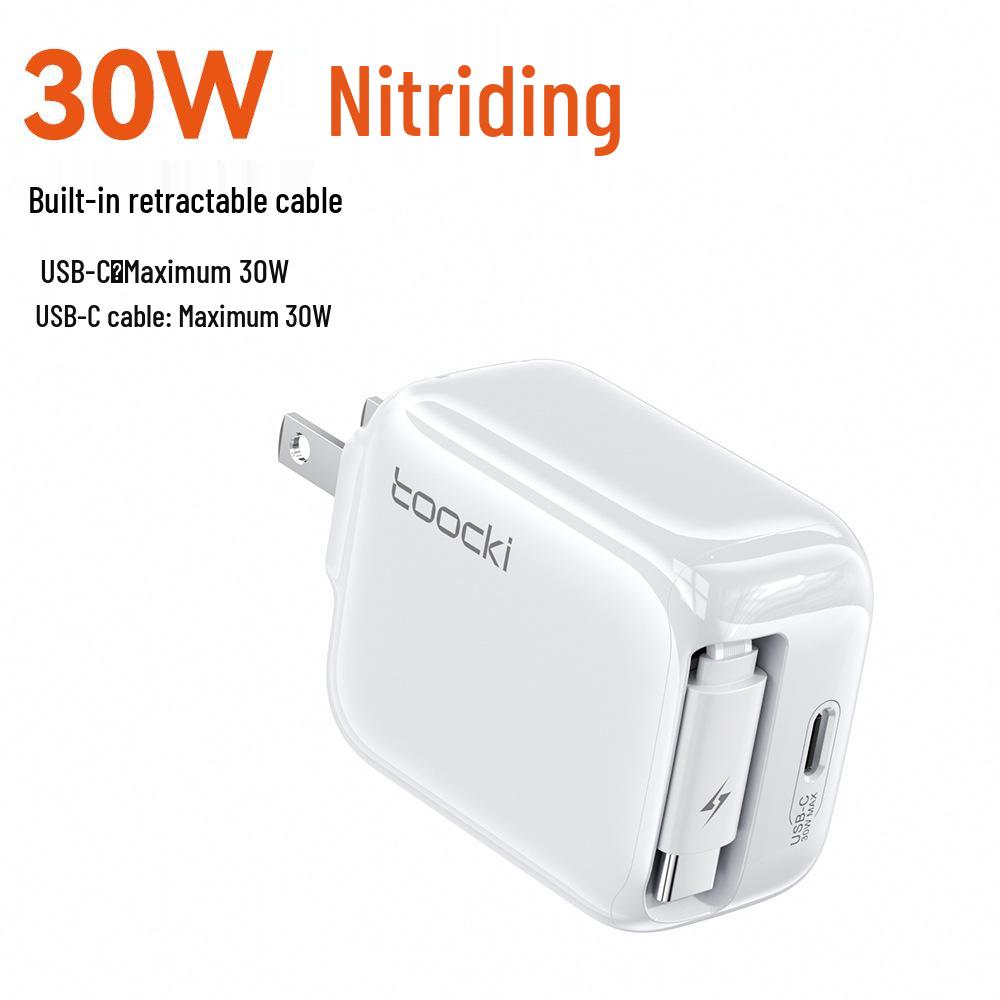 Tuqi 30W GaN Mini Folding Charger with Built-in Retractable Cable for Fast Charging Huawei & Apple Devices