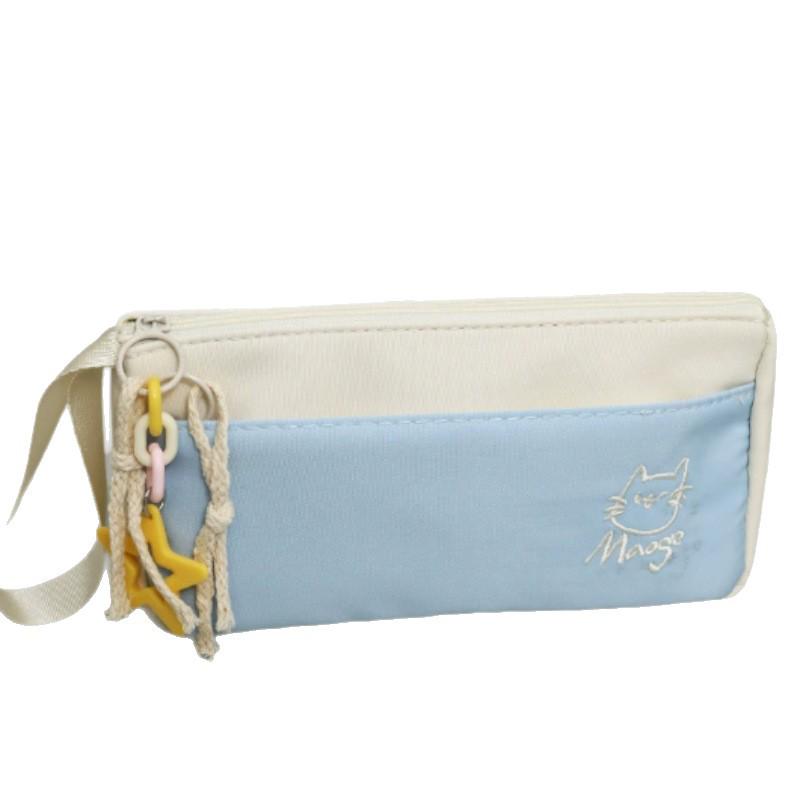 Himmelblaue bestickte Kätzchen-Federtasche - Großes Fassungsvermögen, 2025 Heißer minimalistischer niedlicher Mädchenstil