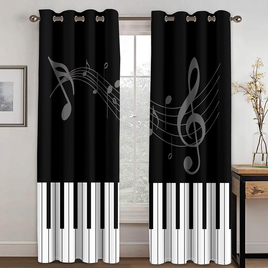 Black Music Abstract Piano Note Art Modern Thin 2 Pieces Light Filtering Curtains for Living Room Bedroom Window Drape Decor