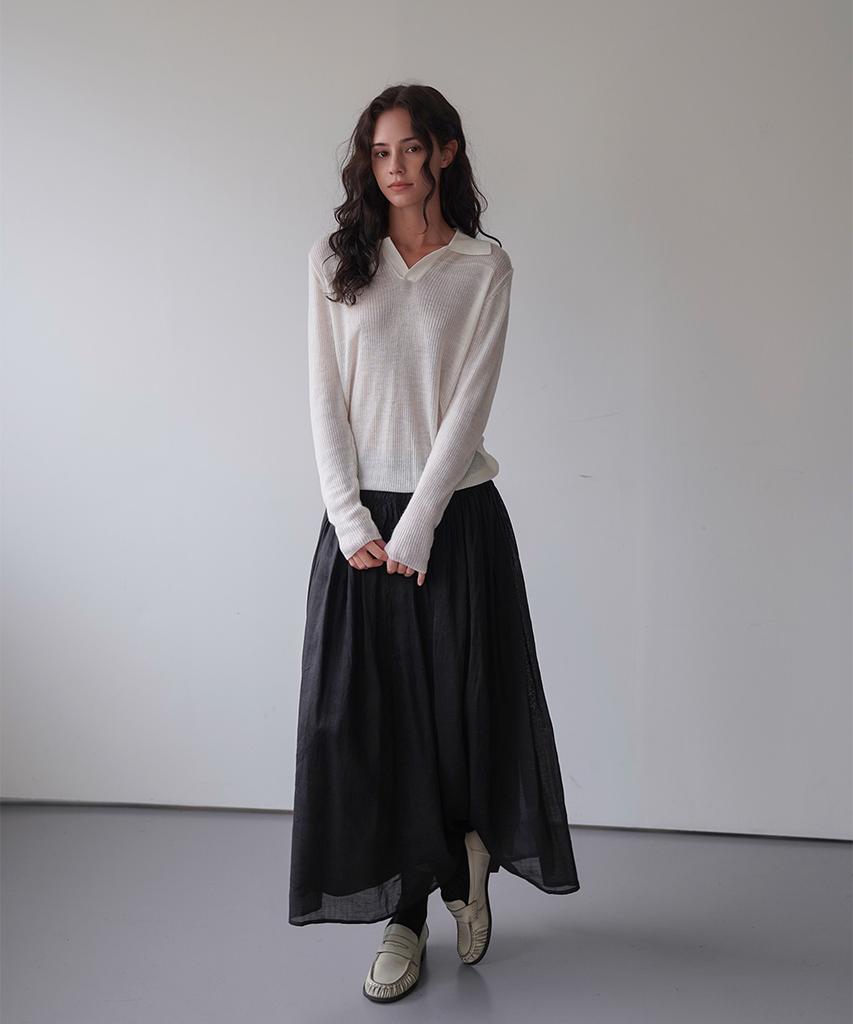 Cool Kitten Flare Long Skirt With Shirred Waist Detail (Black)