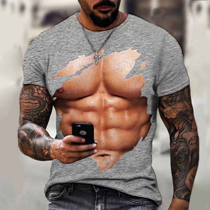 Mens 3D Printed Muscle Design T-Shirt Digital Print Short Sleeve Casual Crew Neck Breathable Loose Fit Tee