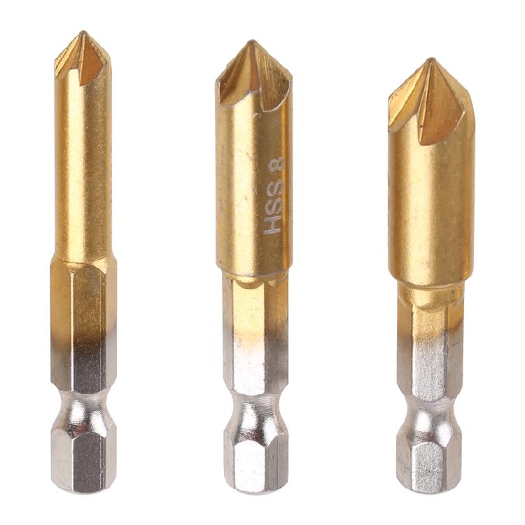 Countersink Drill Bits Center Punch Set 3 Pcs 1/4'' Hex Shank HSS 5 Flutes 90°