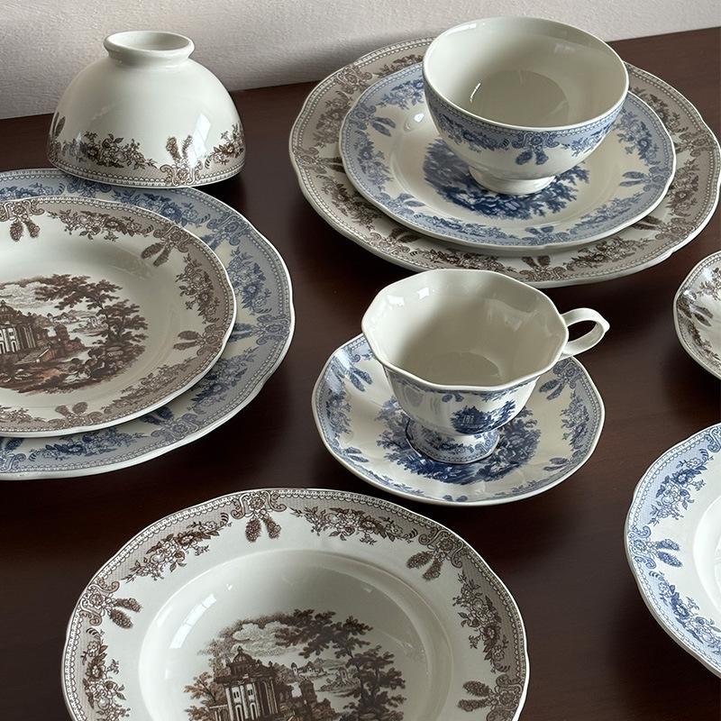 Retro Manor Ceramic Tableware Coffee Cups And Saucers Underglaze Color Ceramic Bowls And Plates Light Luxury Premium Plates Rice Bowls