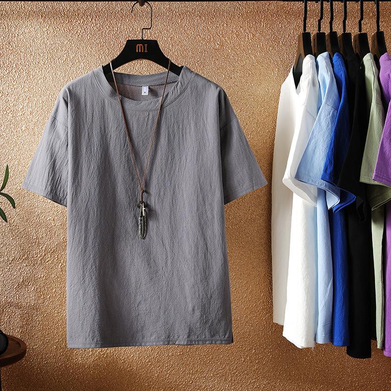Summer Cotton and Linen Men's Chinese Style Solid Color Linen Loose Large Size Short-sleeved T-shirt Japanese Half-sleeved Tide Brand T-shirt