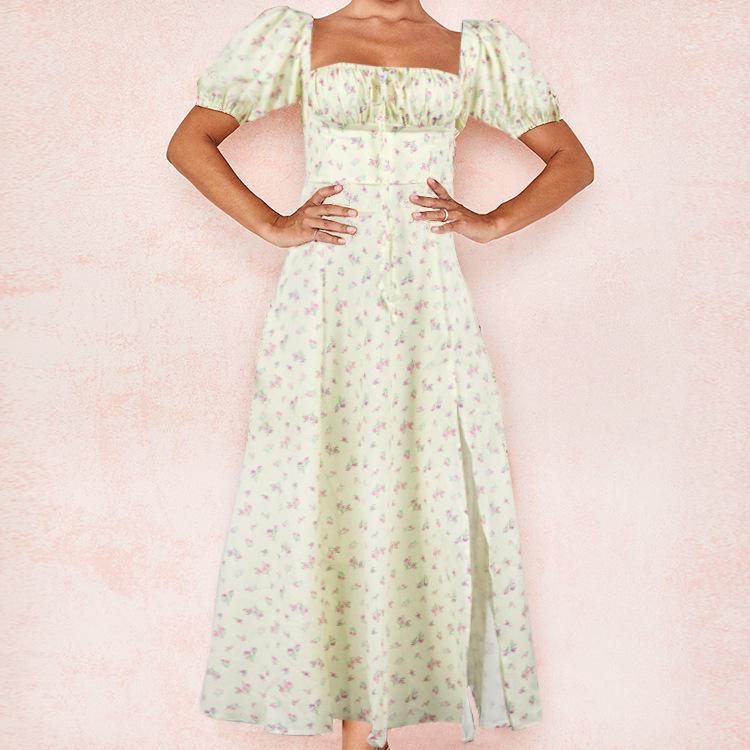 2026 Spring Women's Elegant Floral Slit Lace-up Dress - European & American Style