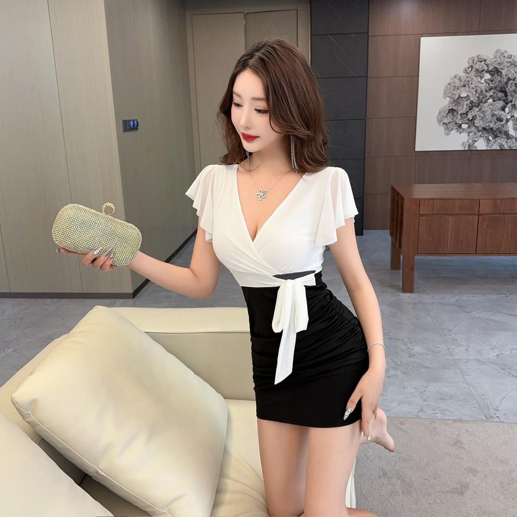 Sexy Dress Foot Bath Foot Massage Clothing Slim Foot Bath Shop Work Clothes V-Neck Off-Shoulder Dress