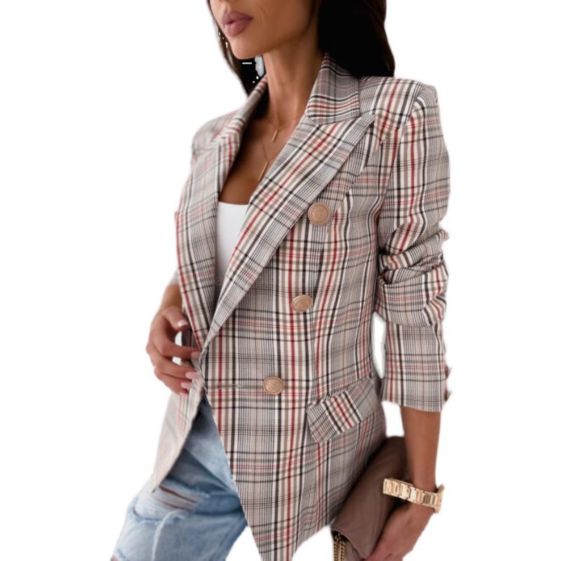 Autumn/Winter Plaid Double-Breasted Long Sleeve Suit Jacket
