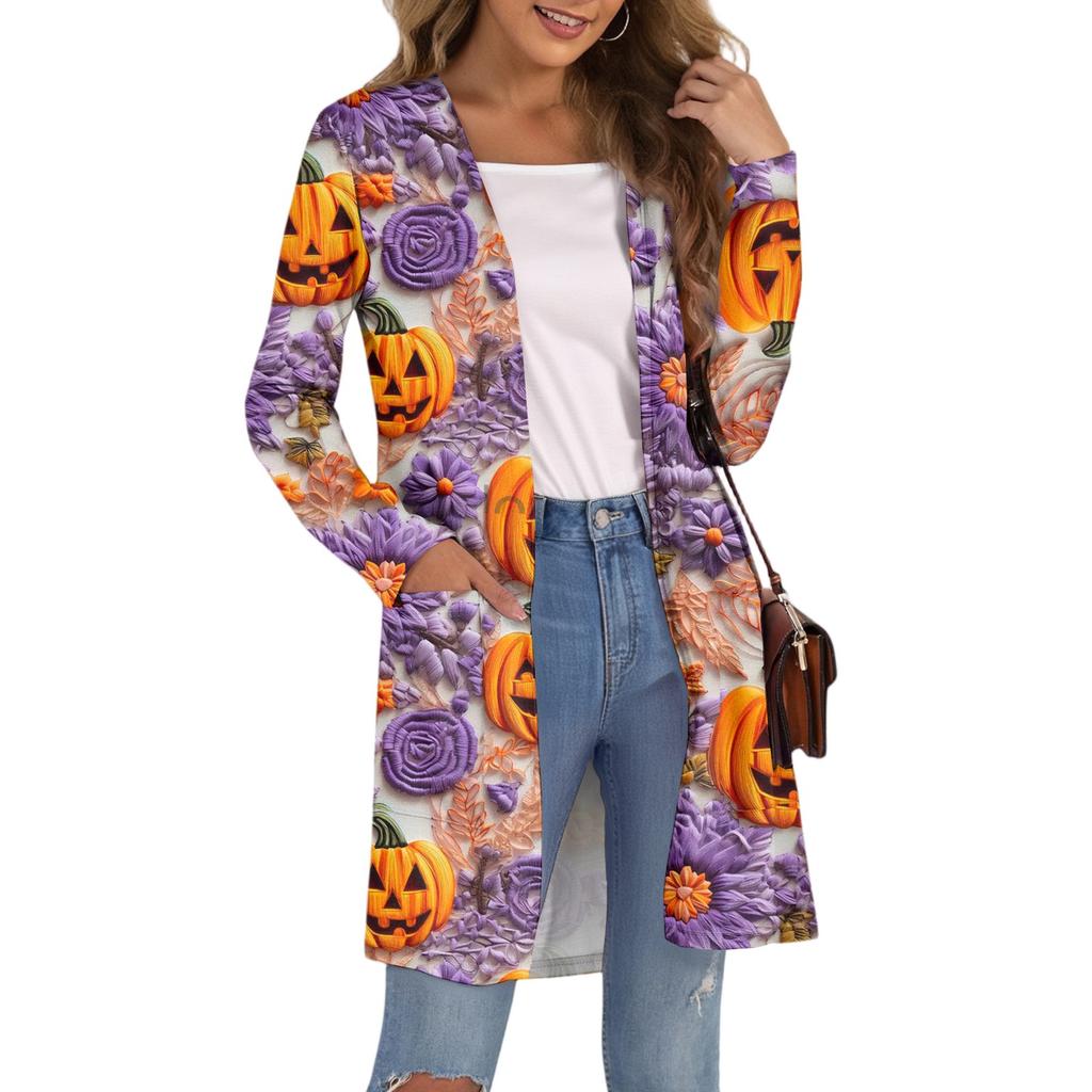 Women's Fashion Casual Comfortable Halloween Printed Mid-Length Cardigan With Pockets Jacket
