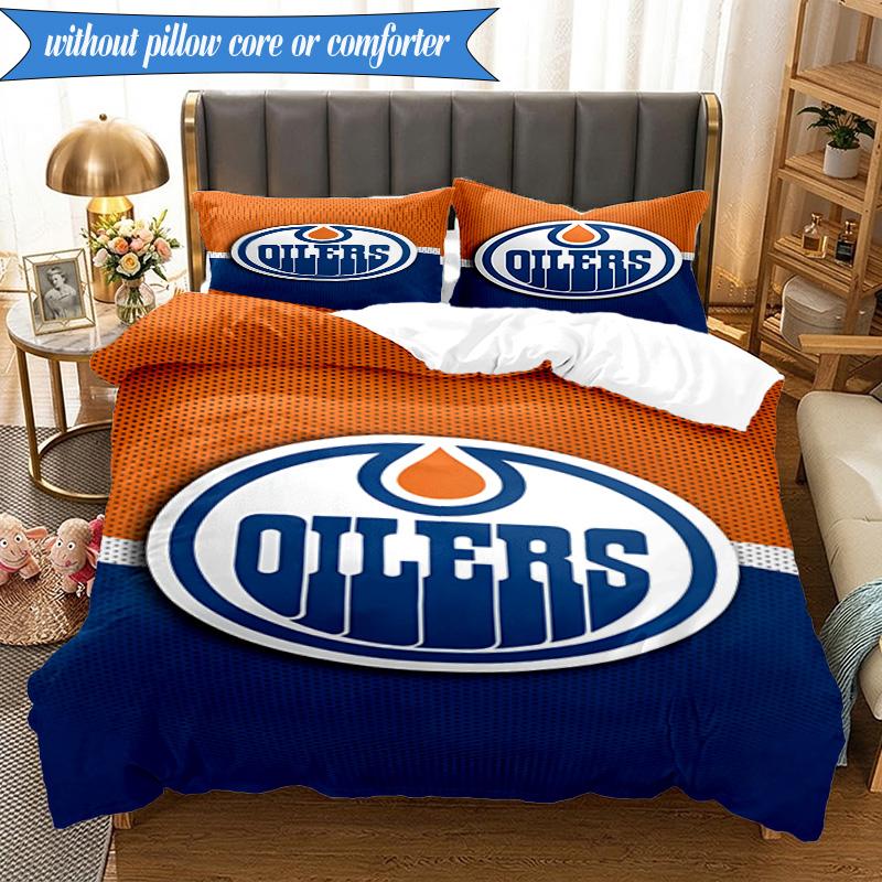 3PCS Edmonton Oilers Emblem Bedding Set,Including 1pc Duvet Cover And 2pcs Pillowcases Perfect for Bedroom, Dormitory, Fan Christmas Gift