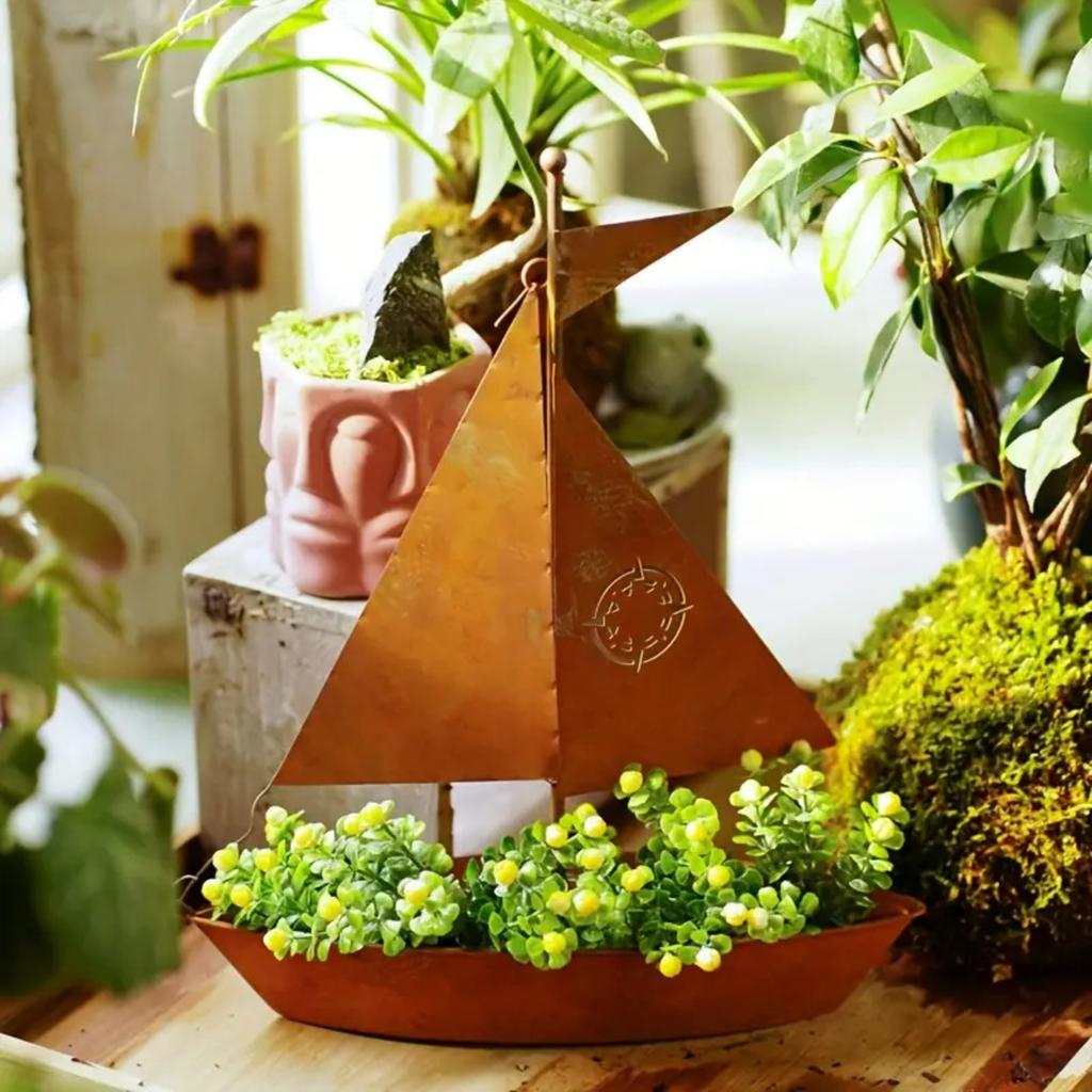 Creative 3D Sailing Ship Iron Art Plant Desktop Decoration Flower Pot Garden Decoration Ornament