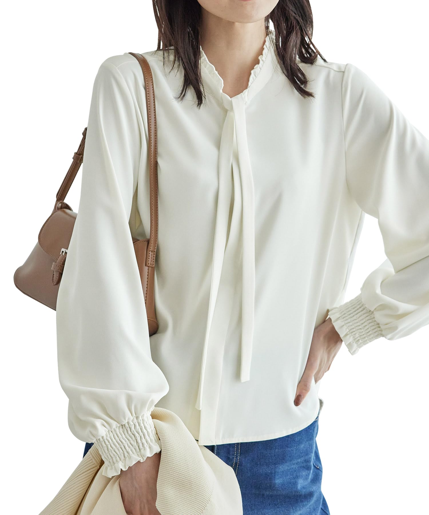 

ROPE PICNIC Блузка женская с бантом, оборками и воротником-стойкой, молочно-белая (15)