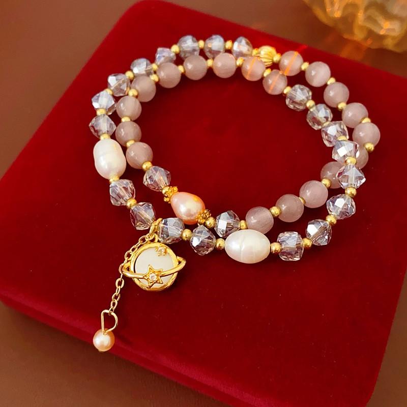 Layered Cats Eye Stone Pearl Bracelet Women Irregular Geometric Design Gold Pink Tone Lightweight Luxury Fashion Accessory
