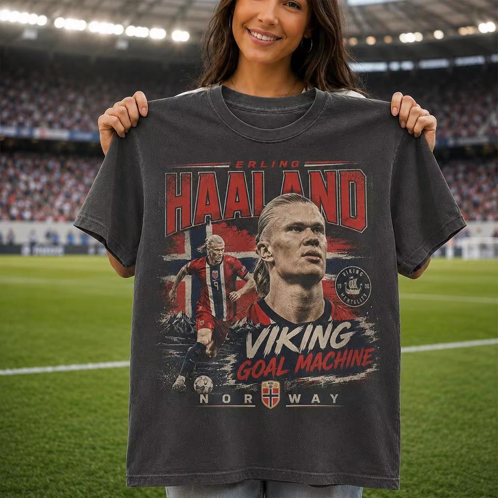 T-shirt with a Retro Portrait Print of Erling Haaland from Norway, Football Player, Vintage Viking Goal Machine Style, Streetwear, Cotton, Unisex, Fo