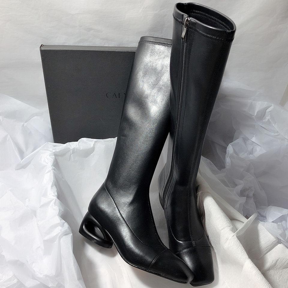 Square Head Hollow Thick Heel Elegant Versatile Side Zipper High Heel Niche Foreign Temperament But Knee Women's Boots