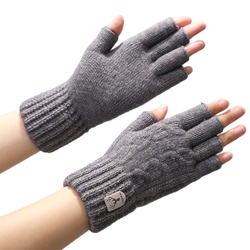 Alpaca Wool Half-Finger Gloves Winter Fleece-Lined Warmth Unisex Knitted Cold-Resistant Exposed-Finger Cycling Split-Finger Gloves