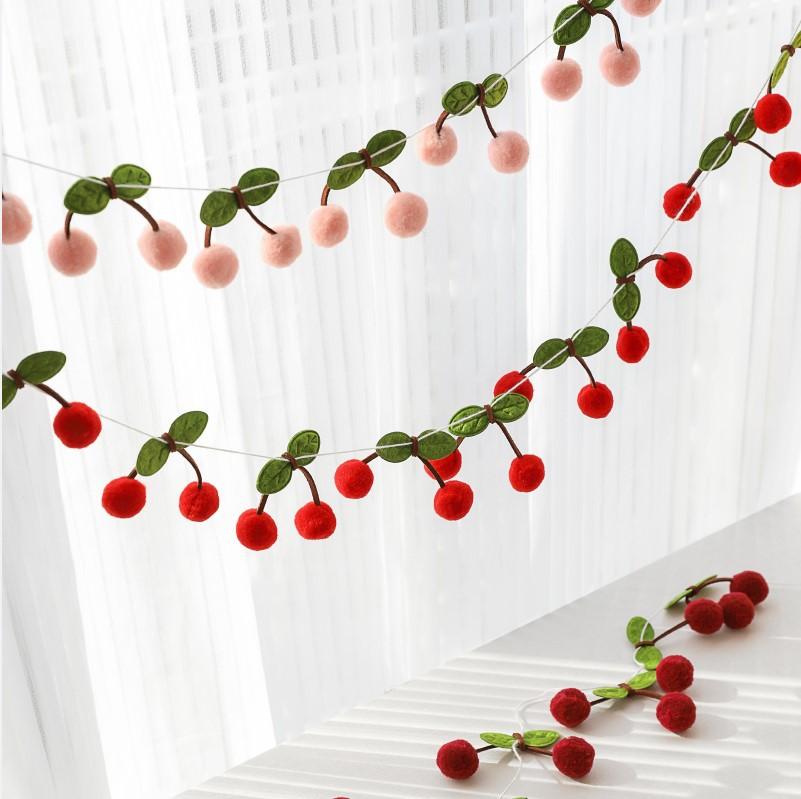 12pcs/Set Cute Cherry Felt Plush Ball Pull Flag - Festive String Hanging Decoration Birthday Party New Year Home Celebration