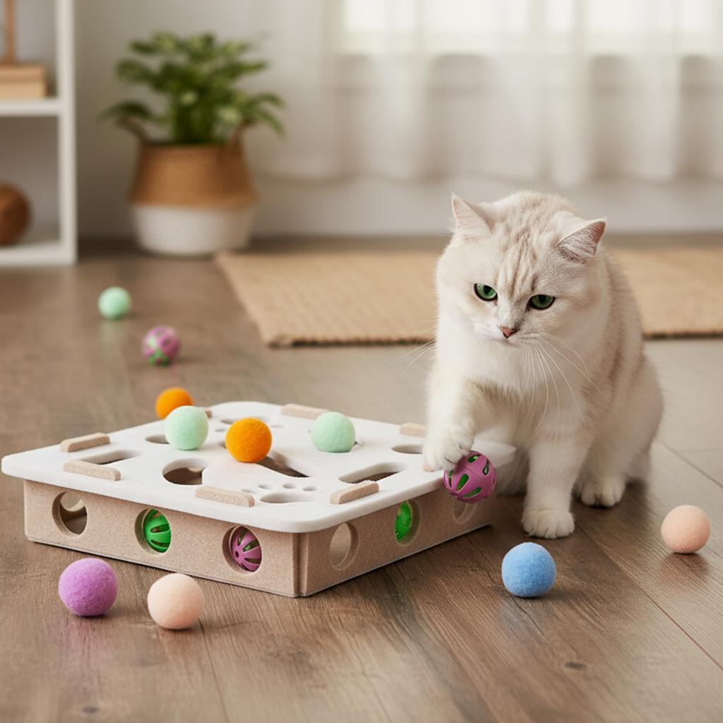 Cat Exercise Toy with Ball Cat Scratch Puzzle Enrichment Box Indoor Sports Entertainment Hunting Cat Toys for Indoor Cats