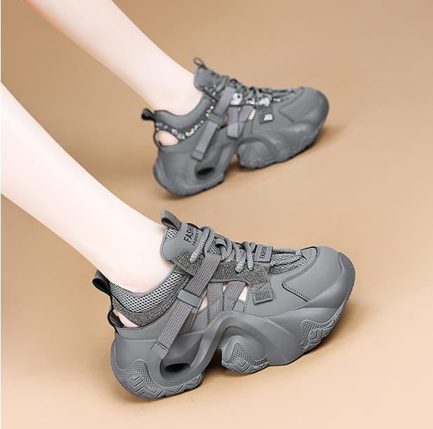 Fashion 7CM Air Mesh Synthetic Flats Women Slippers Chunky Sneakers Hollow Sandals Bling Platform Wedge Microfiber Leather Shoes