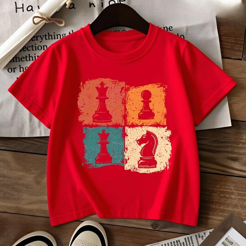 Kids Crew Neck Short Sleeve T-Shirt with Colorful Background & Chess Piece Print