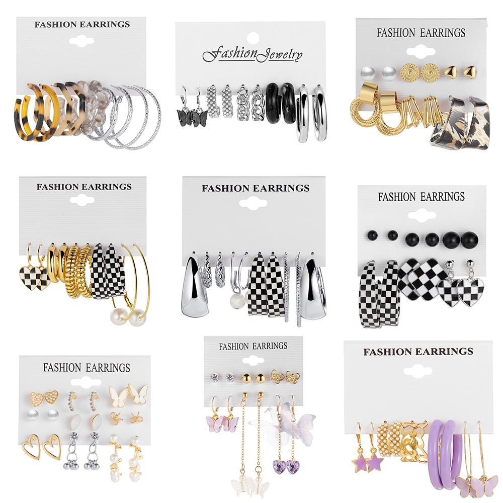 iF ME Fashion Resin Pearl Hoop Earrings Set Checkerboard Heart Crystal Butterfly Drop Earring Women Jewelry Accessories