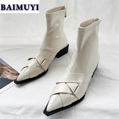 Γυναικεία Μυτερά Μποτάκια Μέχρι τον Αστράγαλο με Μεσαίο Τακούνι Δερμάτινα Παπούτσια 2025 Τάση Χειμώνας Νέα Σέξι Χοντρά Τσέλσι Μποτάκια Χιονιού Μόδα Γόβες Zapatos