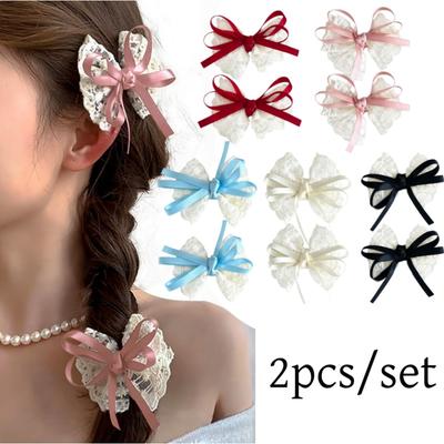 2pcs/set Cute Lace Bow Hair Clips Sweet Embroidered Ribbon Hairpins Travel Casual Fashion Handmade Hair Accessory for Girls Kids