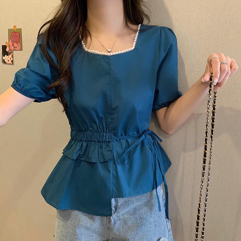 Letnia koszulka damska perłowa kwadratowy kołnierzyk z krótkim rękawem Temperament nieregularna delikatna koszula szyfonowa koszula bluzka damska