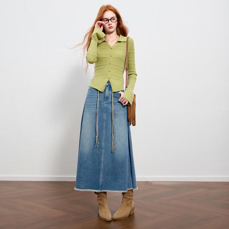 Sancai 100% Cotton Raw Edge Denim A-Line Midi Skirt S
