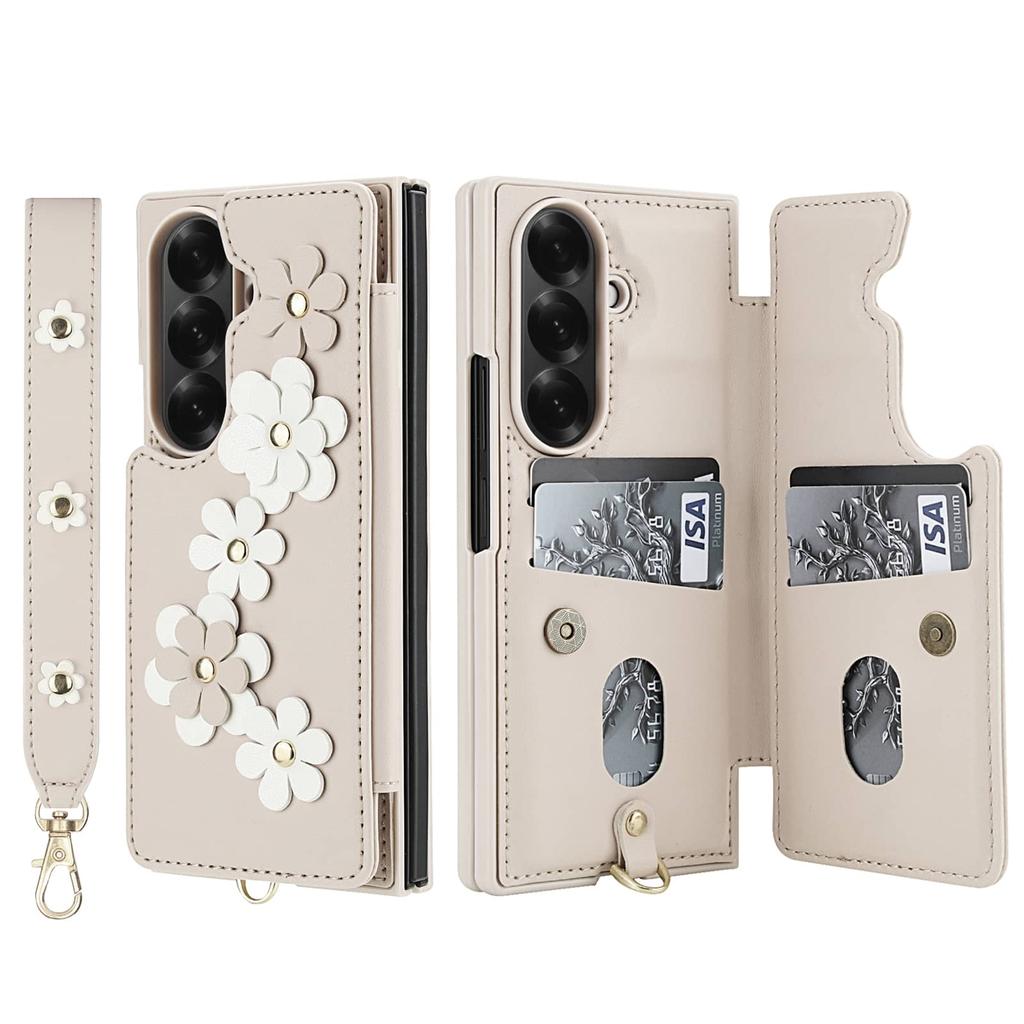 For Samsung Galaxy Z Fold 7 6 5 4 Case, Wallet with Card Holder,Cute Flower Design Crossbody Purse,Magnetic Kickstand Shockproof