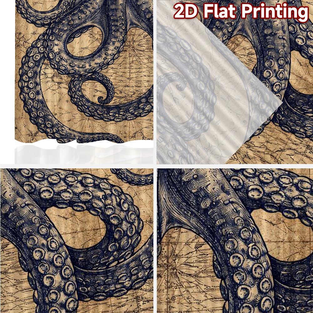 2D FLAT PRINTING 2pcs Curtains (Without Rod) Vintage Octopus Drawing Chic Chic Curtain 100% Polyester Curtains Ramadan Ldeal for