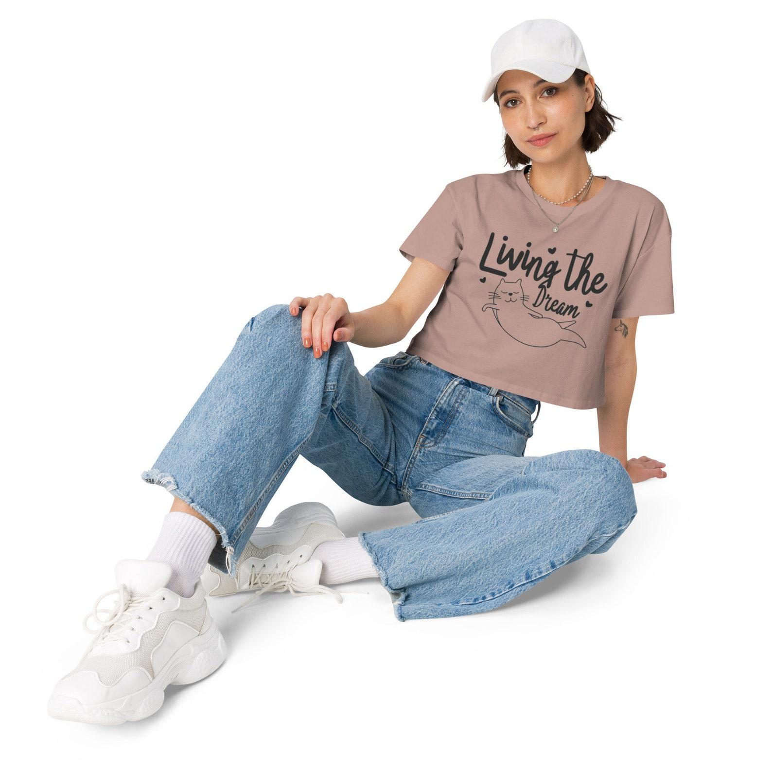 Living the Dream Cat Crop Top | Cute Relaxing Cat Graphic Crop Tee | Perfect Gift for Cat Lovers S