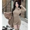 Pure desire Spice Girl bow off-the-shoulder long-sleeved base dress women's autumn and winter new inner slim-fitting and thin hip skirt