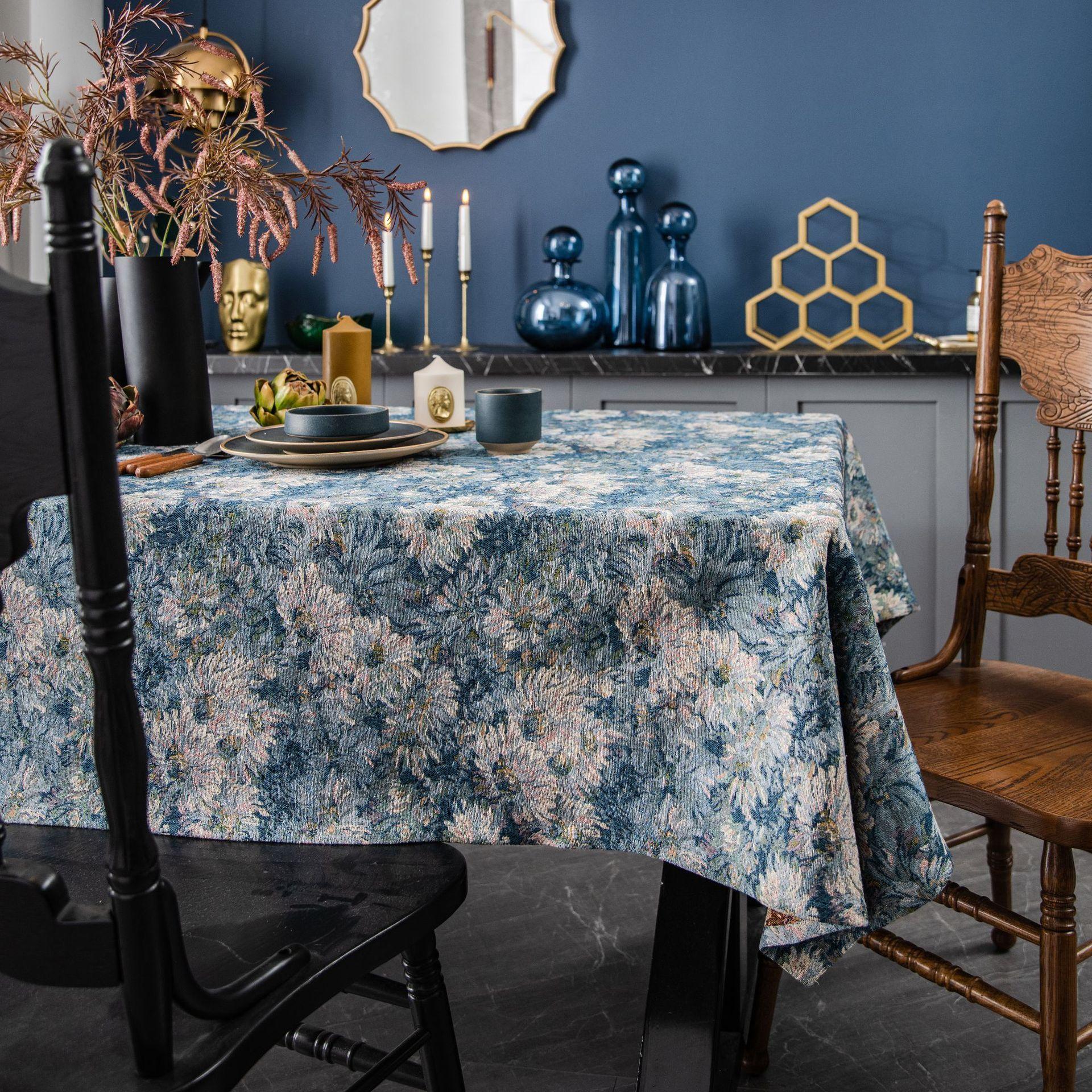 

Tablecloth Blue Jacquard Dining Table Cloth Oil Painting Thick Tablecloth 140-200