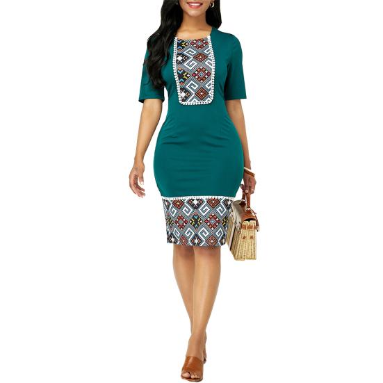 

Женское винтажное облегающее платье длиной до колен с коротким рукавом и круглым вырезом с принтом в стиле пэчворк S зелёный