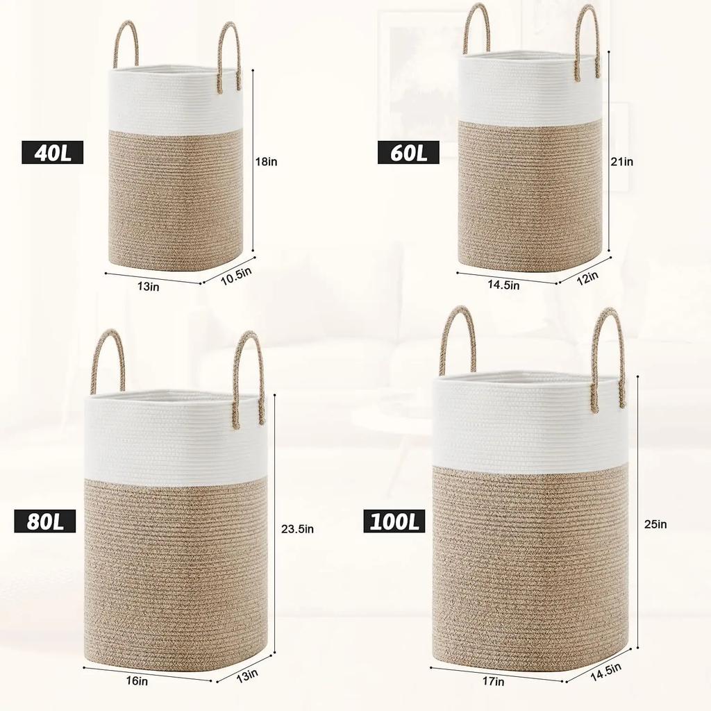 Laundry Basket,Woven Cotton Rope Laundry Hamper Sorters,Versatile Storage for Dirty Clothes,Baby Toys,and Blankets in Bathroom
