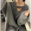 Korean-Style Hollow V-Neck Pullover Sweater - Women's Loose Fit Knit Base Layer