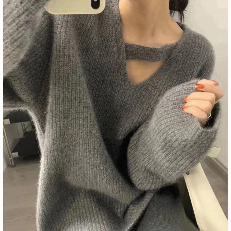 Korean-Style Hollow V-Neck Pullover Sweater - Women's Loose Fit Knit Base Layer