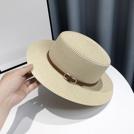 Panama Hat Women Men Faux Leather Buckle Straw Sun Hat French Style Flat-Top Style Wide Brim UV Protection Beach Hat