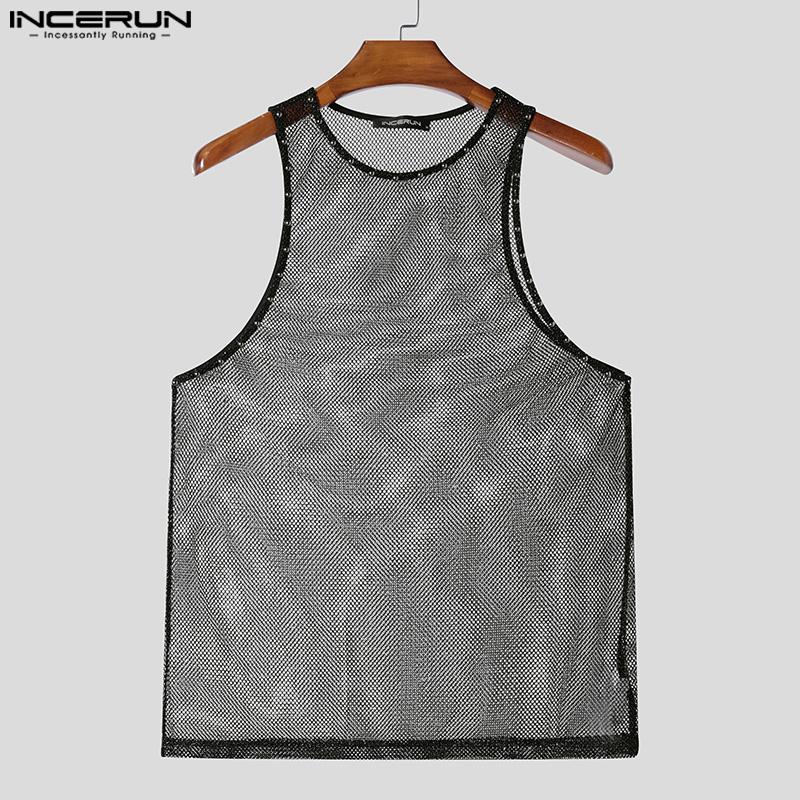 INCERUN Débardeurs T-shirts Transparents en Maille Ajourée Sans Manches pour Homme