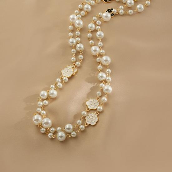 Women Necklace Double Layers Faux Pearl Camellia Decor Sweater Decoration Contrast Color Stainless Smooth Adjustable Women Jewelry