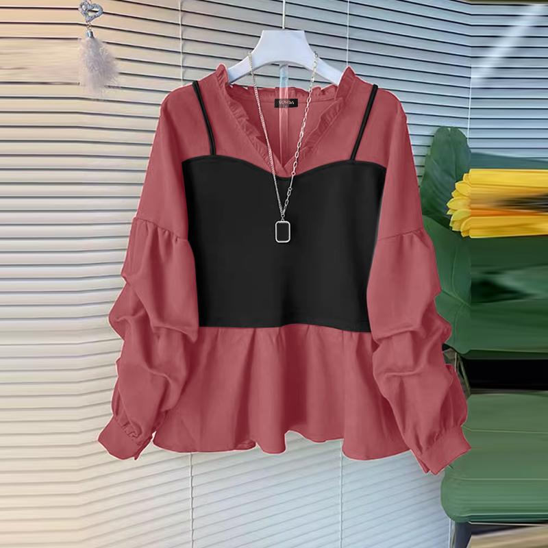 VONDA Women Casual Contrast Color Fake Two Piece V Neck Long Sleeve Blouses