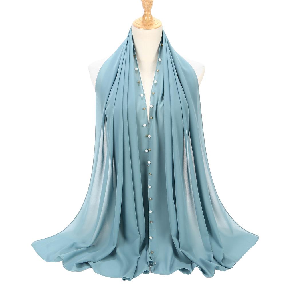 Women's Solid Chiffon Pearl Scarf, Elegant Beaded Hijab Shawl, Muslim Headscarf for Daily/Party