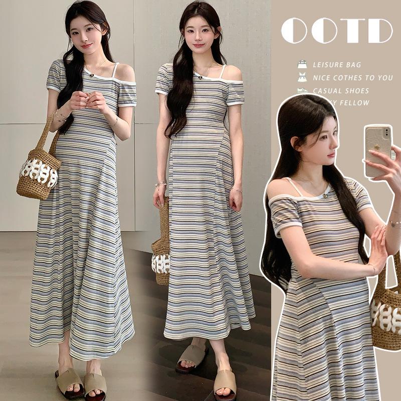 Maternity Summer 2026 Korean Style One-Shoulder Striped Slimming Dress Large